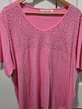 Quacker Factory Pink Rhinestone V-Neck Women's Top, 3X